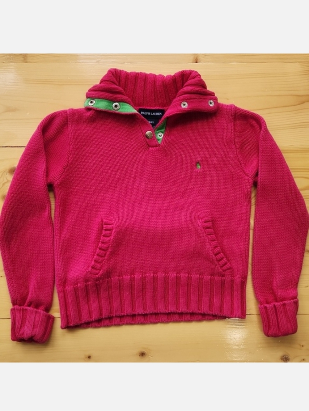 Vintage Ralph Lauren Hot Pink Girl's Neon Green Pony Turtleneck Sweater 4T
